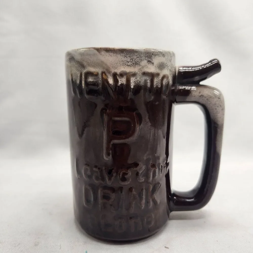 VTG Beer Mug Wet Your Whistle Went to P‎ Brown Ceramic Drip Glaze Cup Fun Gift
